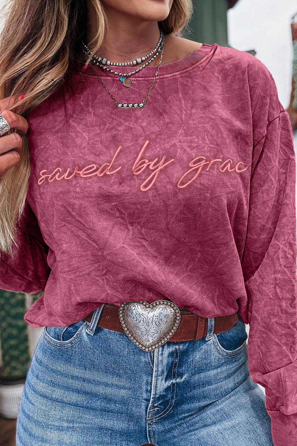 Dune saved by grace Letter Embroidery Mineral Wash Loose Sweatshirt
