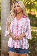 Purple Floral Collared Ruffled Half Sleeve Shirt