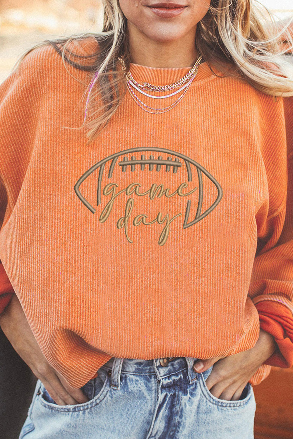 Orange Football Graphic Drop Shoulder Game Day Corded Sweatshirt