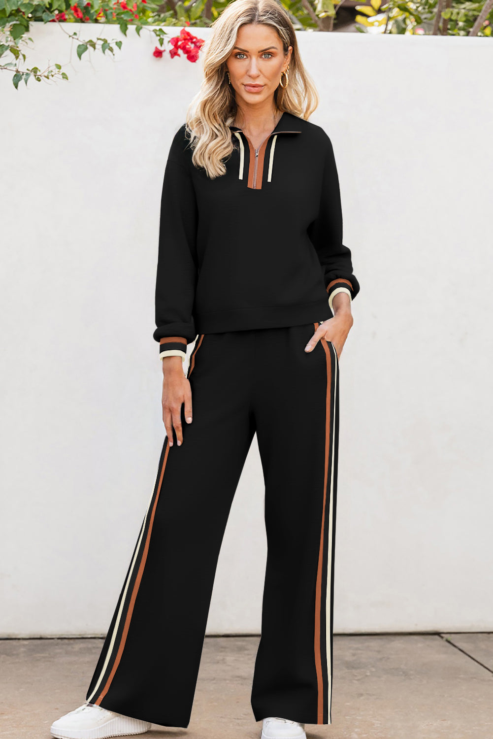 Black Striped Patchwork Quarter Zip Pullover Loose Pants Set