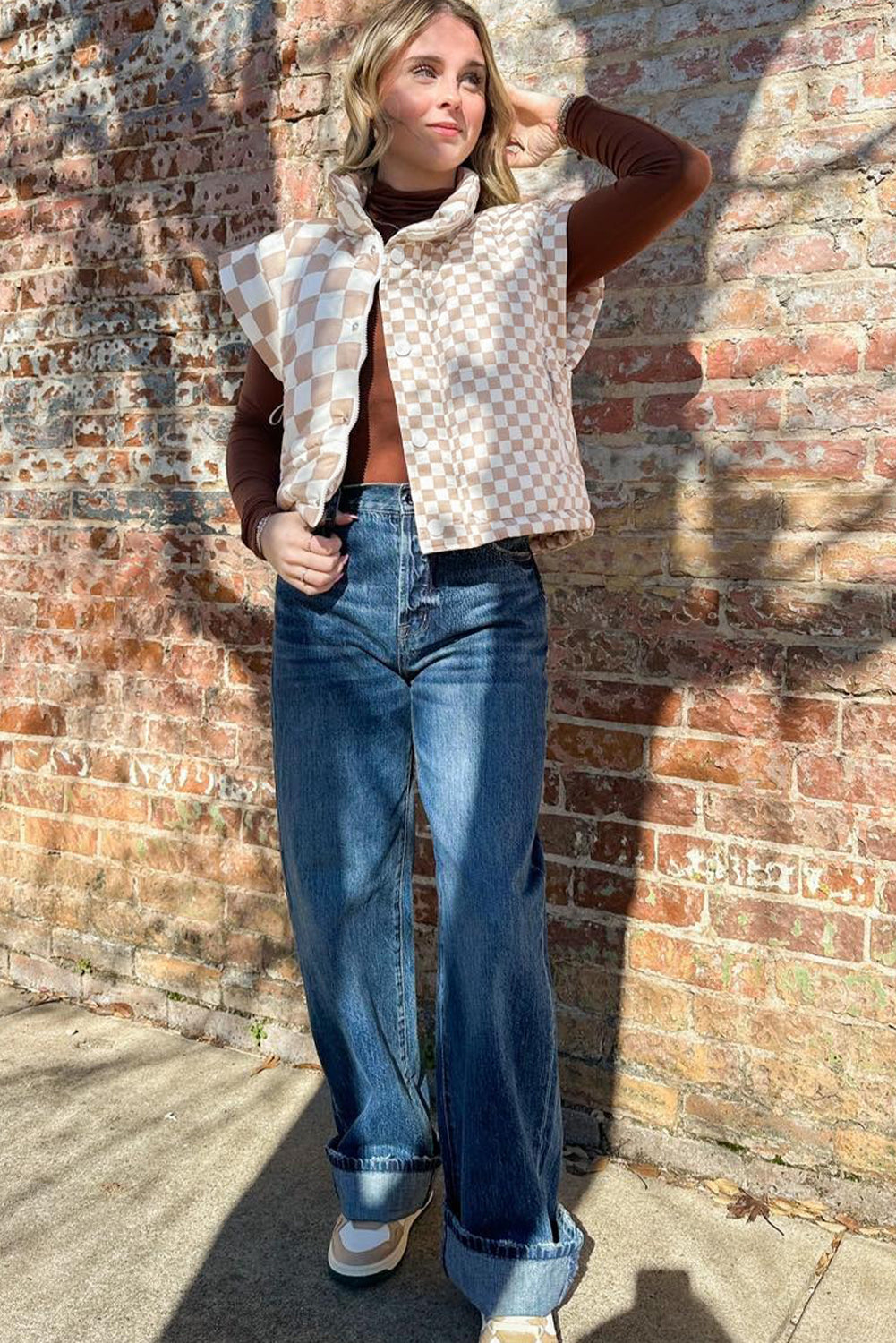 Khaki Plaid Stand Neck Button Down Vest