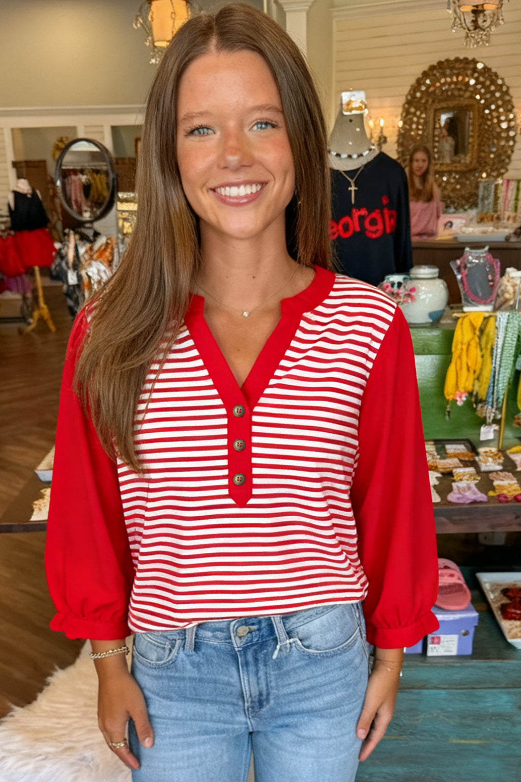 Red Stripe Half Placket V Neck Contrast 3/4 Sleeve Patchwork Top