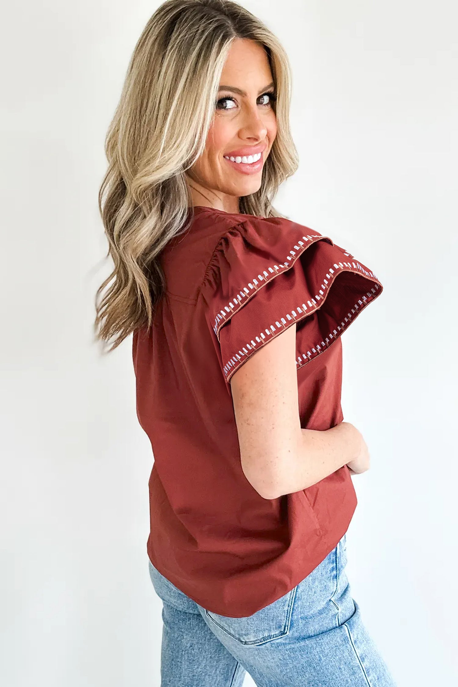 Clay Contrast Trim Flutter Sleeve V Neck Blouse