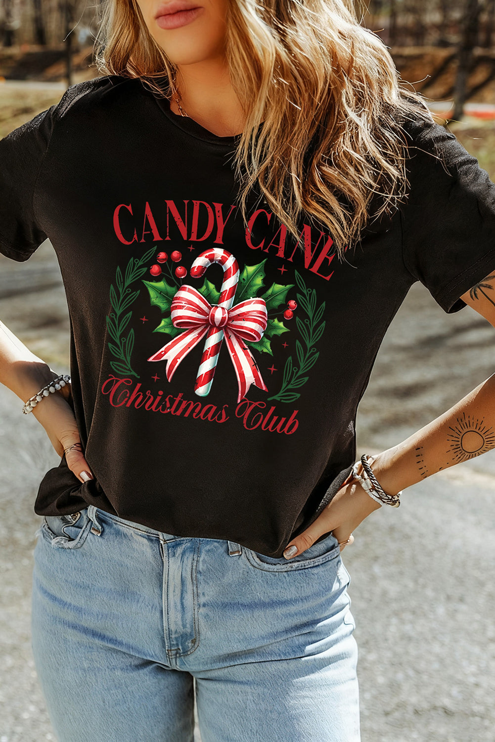 T-shirt imprimé par transfert thermique Black Candy Cane Christmas Club