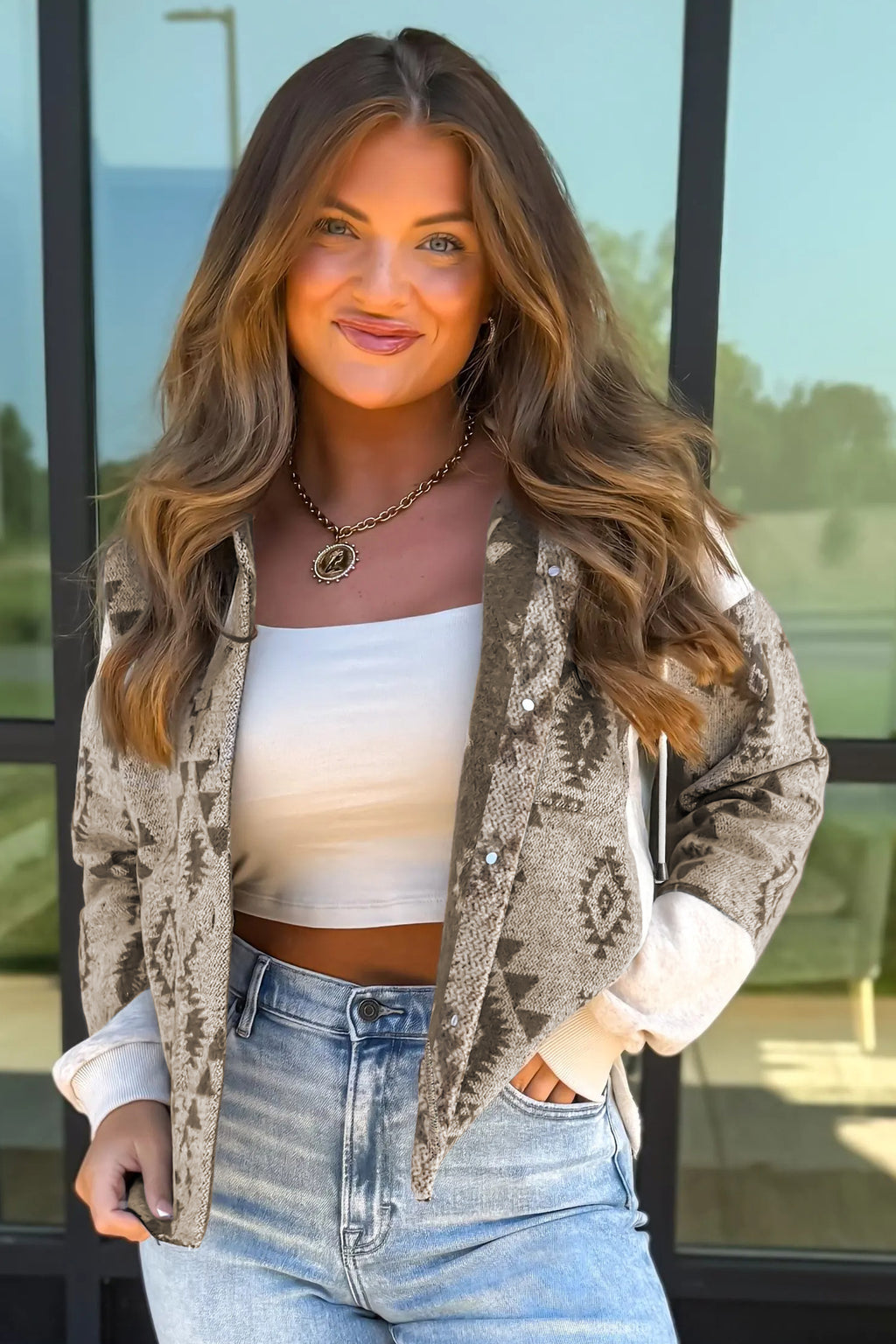 Gray Western Aztec Print Color Block Patchwork Drawstring Hooded Shacket