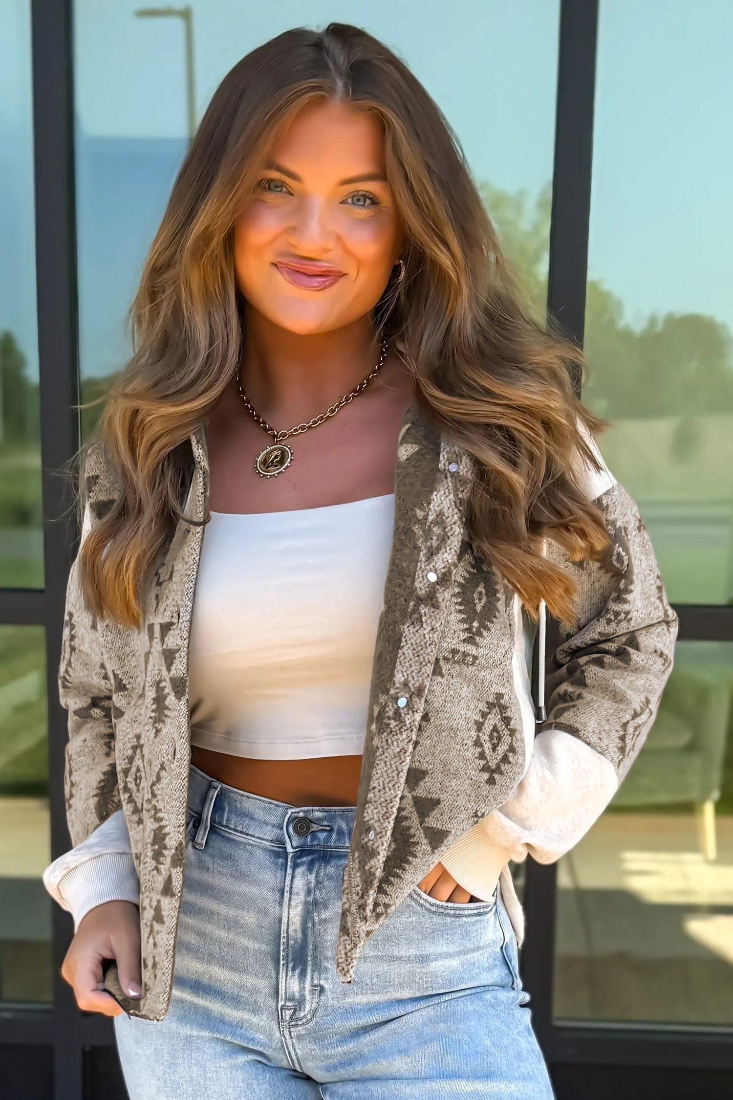 Gray Western Aztec Print Color Block Patchwork Drawstring Hooded Shacket