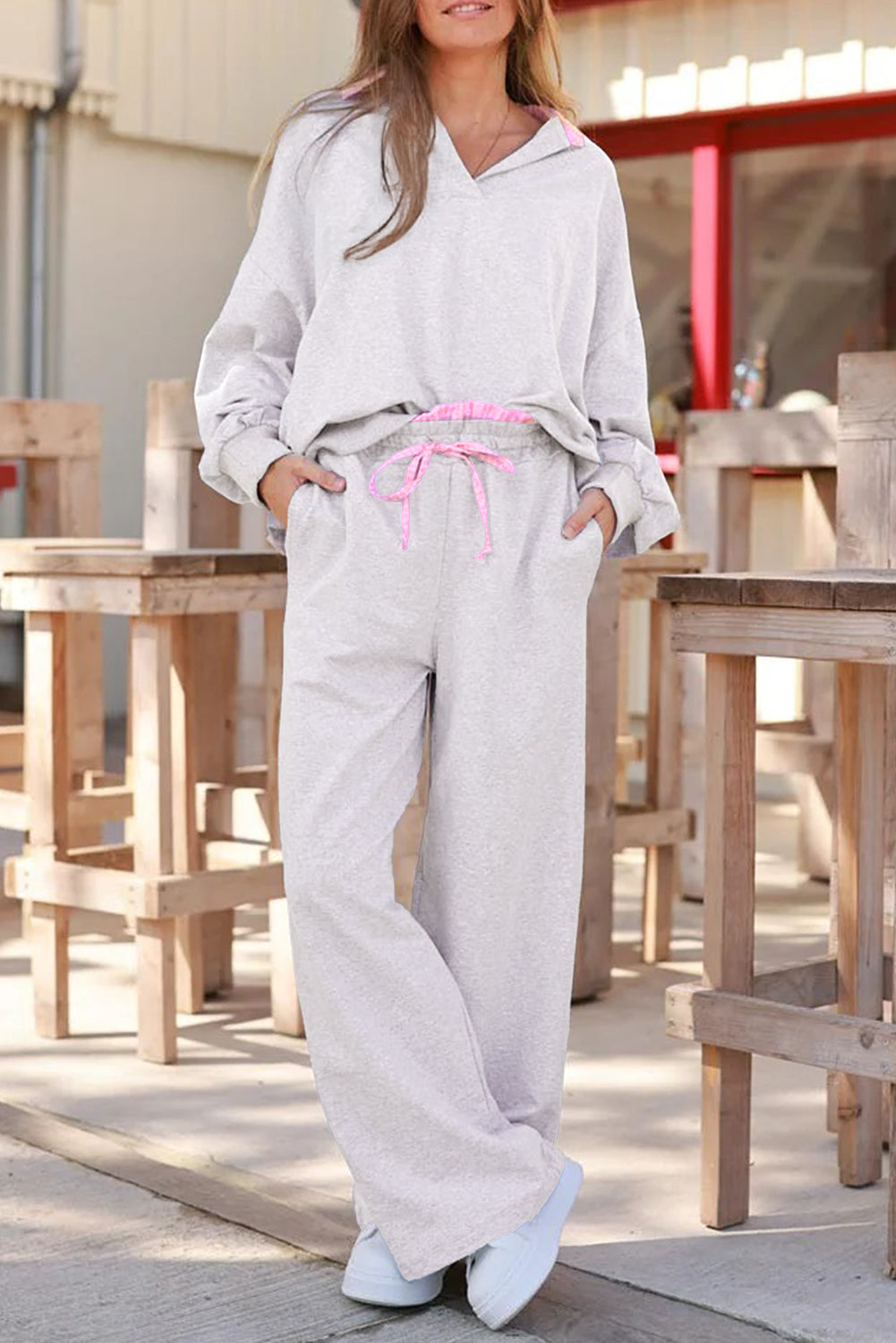 Light Grey Loose Long Sleeve Top Drawstring Waist Pants Set