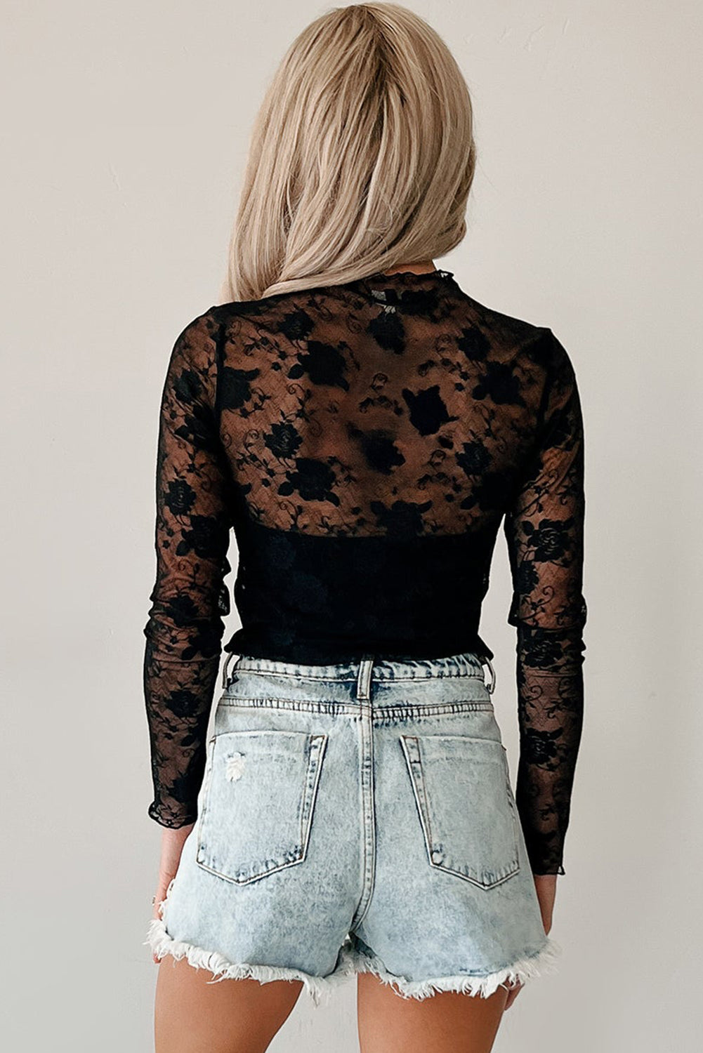 Black Mock Neck Floral Lace Mesh Long Sleeve Top