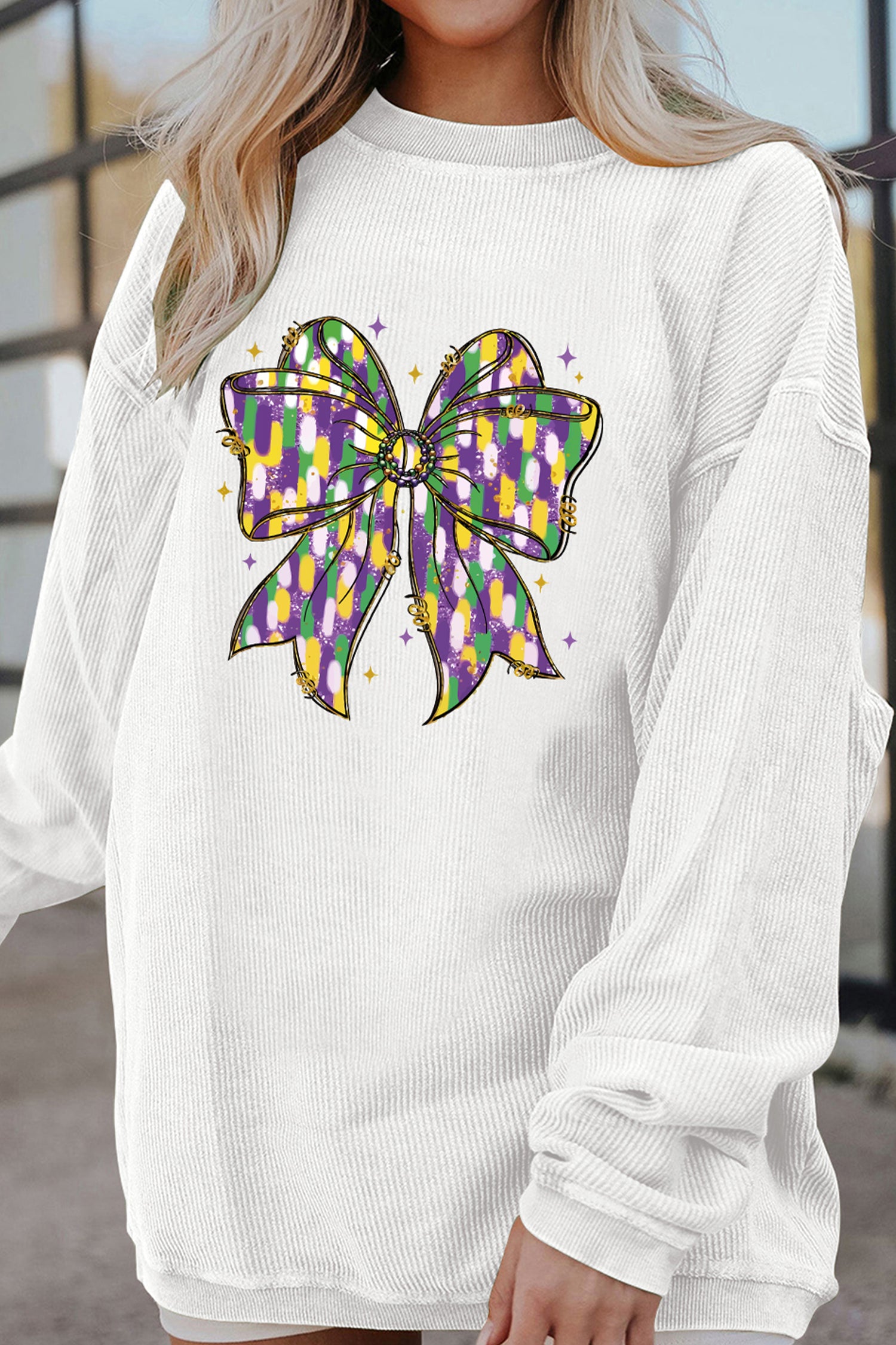 White Mardi Cheerful Bow Printed Corded Ribbed Sweatshirt