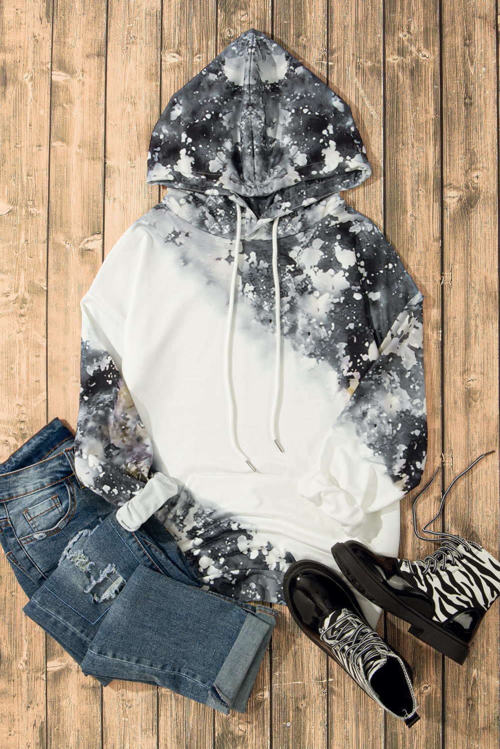 Gray Bleached Tie Dye Kangaroo Pocket Drawstring Hoodie
