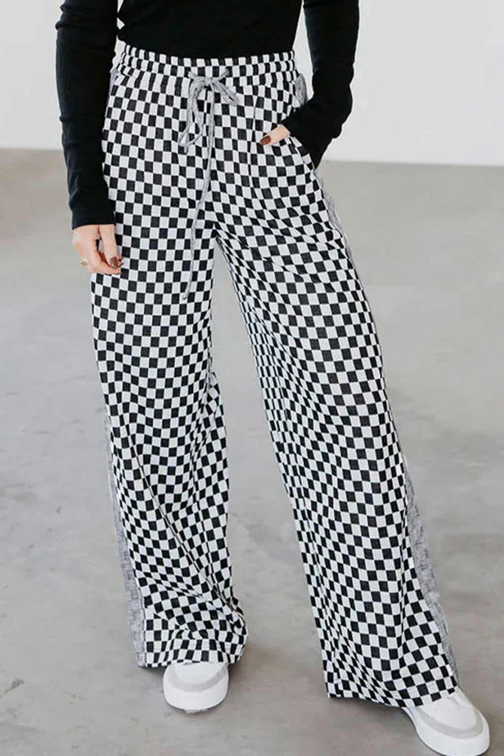 White Checkerboard Drawstring Waist Casual Pants