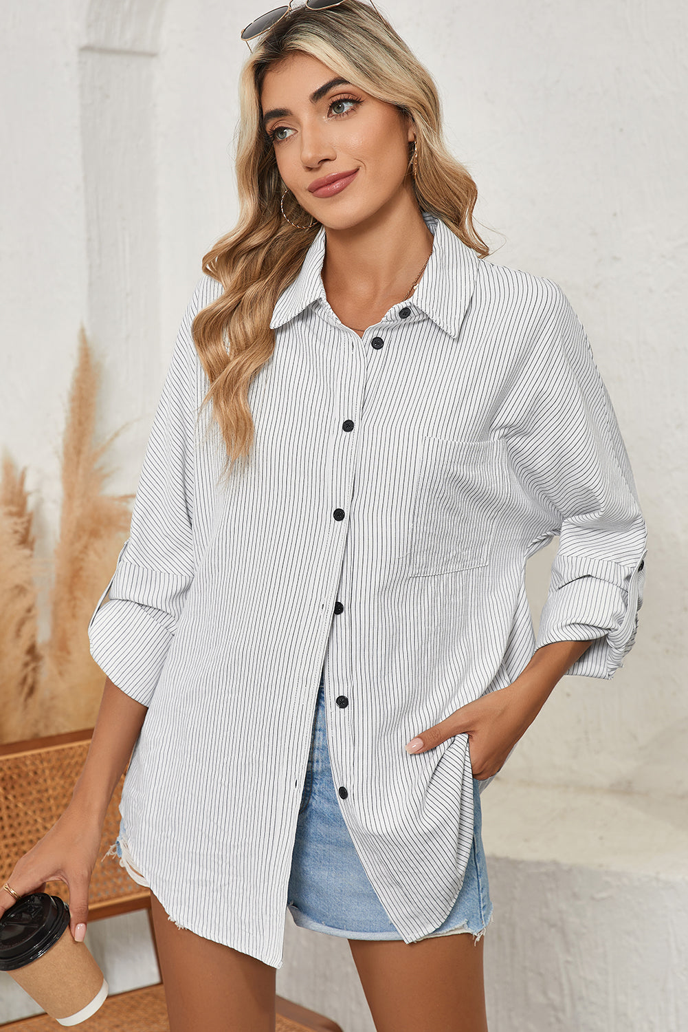 Black Stripe Roll-tab Sleeve Pocketed Tunic Shirt Shacket