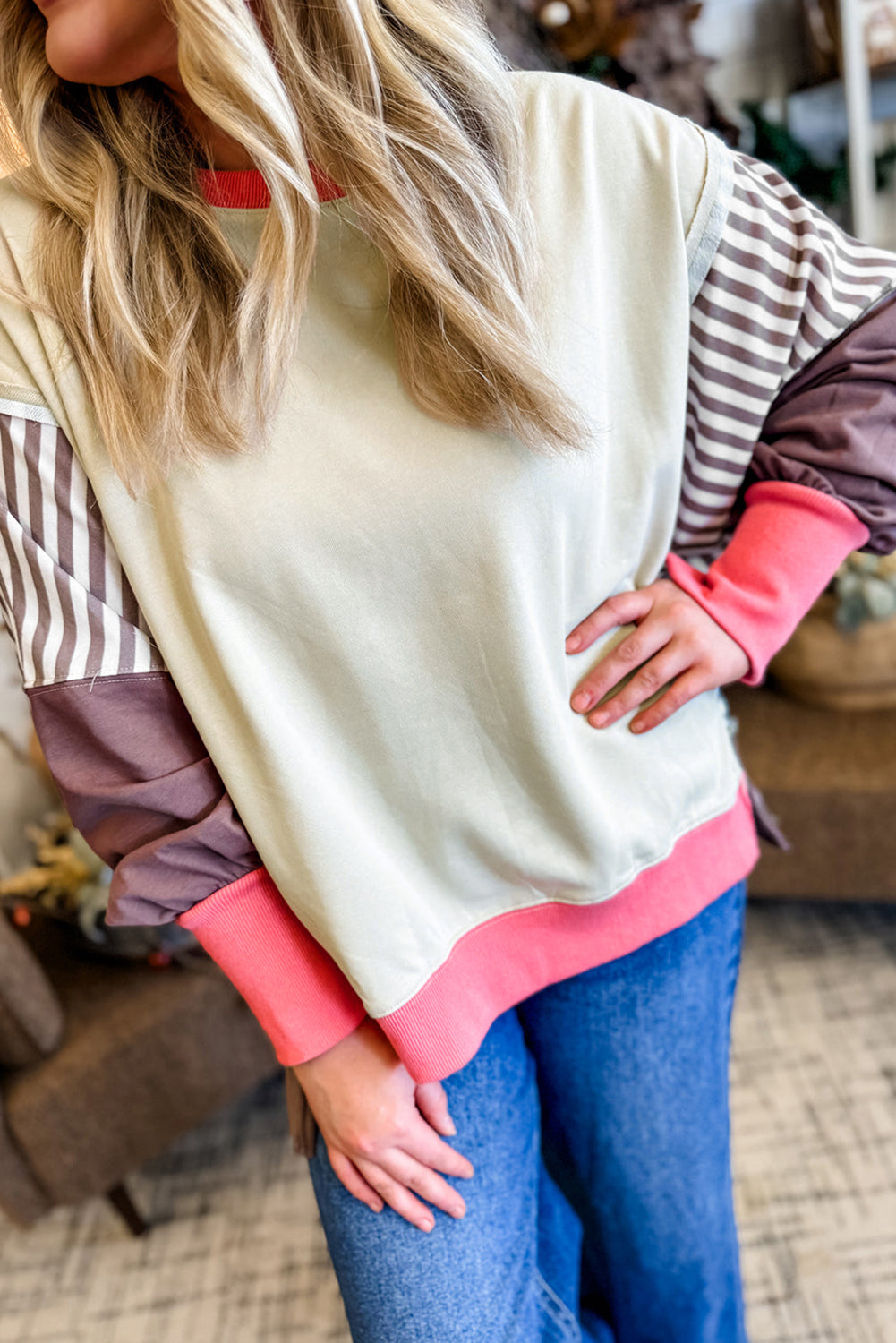 White Color Block Striped Patchwork Dolman Slit Sweatshirt