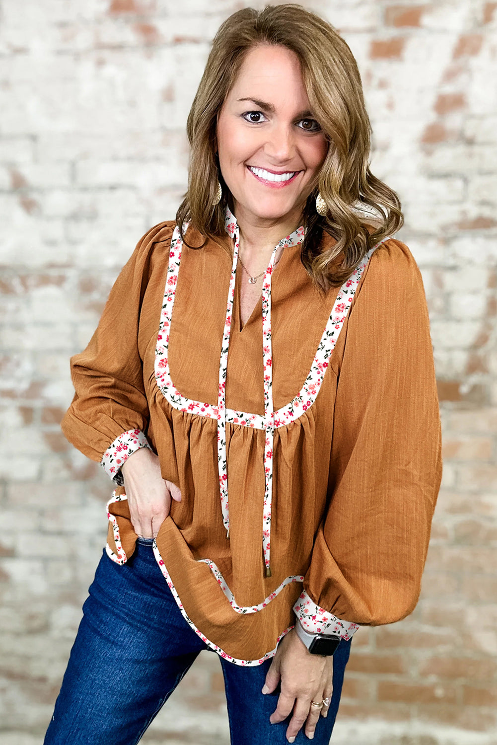 Straw Yellow Split Neck Pleated Floral Trim Puff Sleeve Blouse