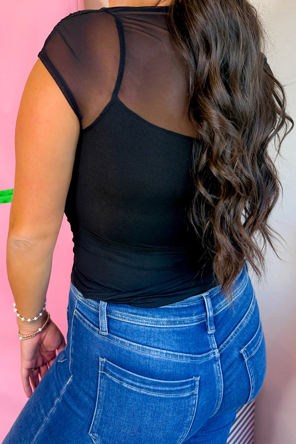 Black Sheer Mesh Patchwork Cap Sleeve T Shirt