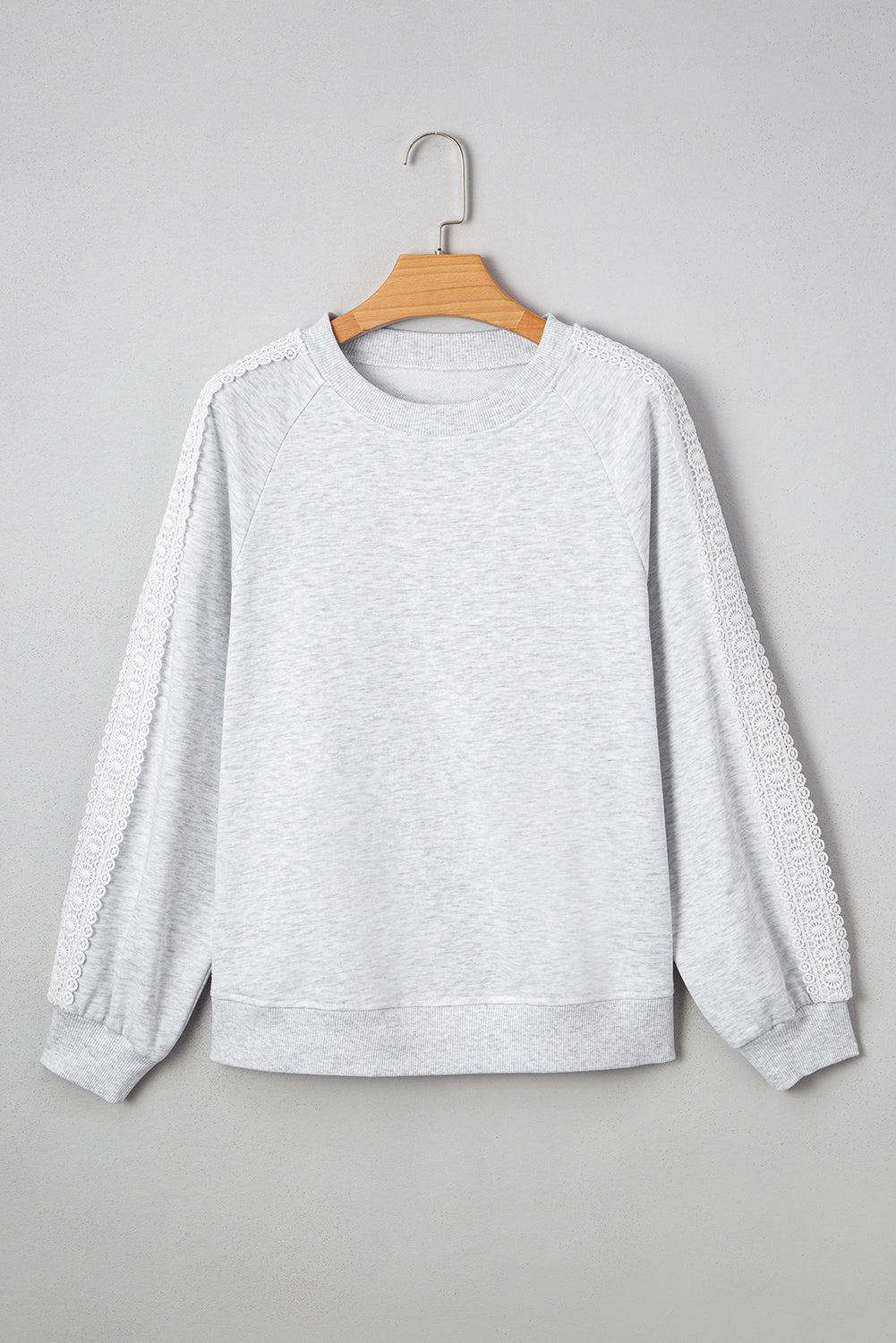 Light Grey Lace Applique Raglan Sleeve Crew Neck Sweatshirt