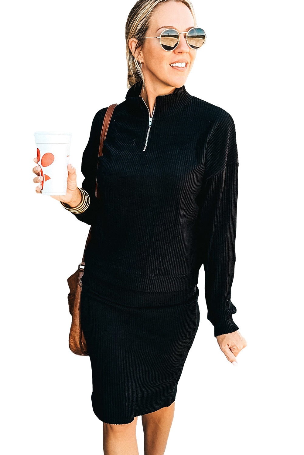 Black Ribbed Zip Neck Drop Shoulder Pullover Bodycon Skirt Set