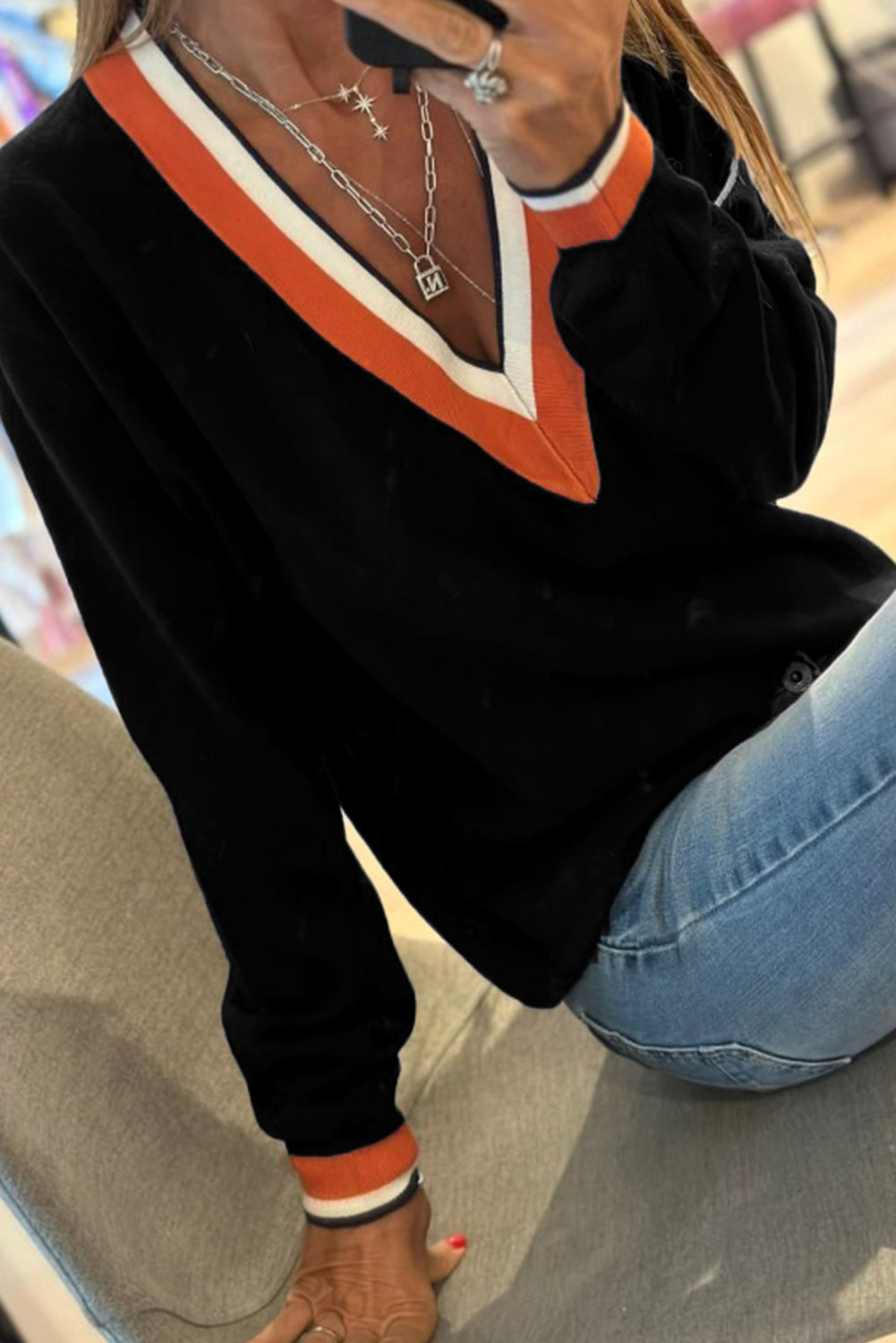 Dark Khaki Contrast Striped Trim V Neck Knit Sweater