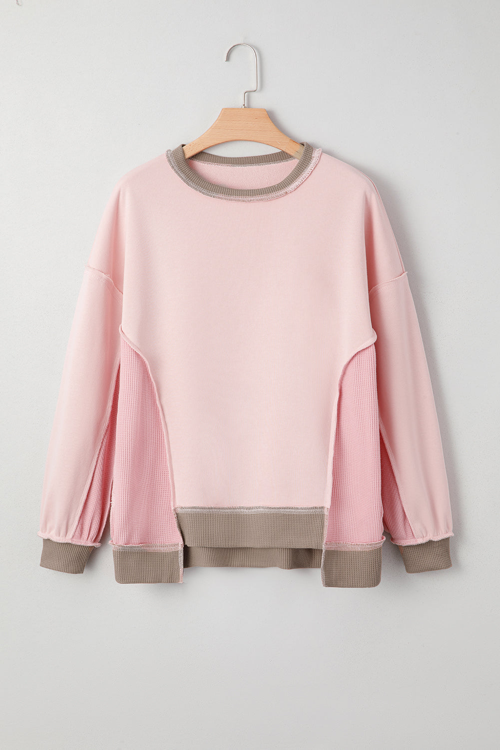 Smoke Green Colorblock Waffle Patchwork Oversize Sweatshirt