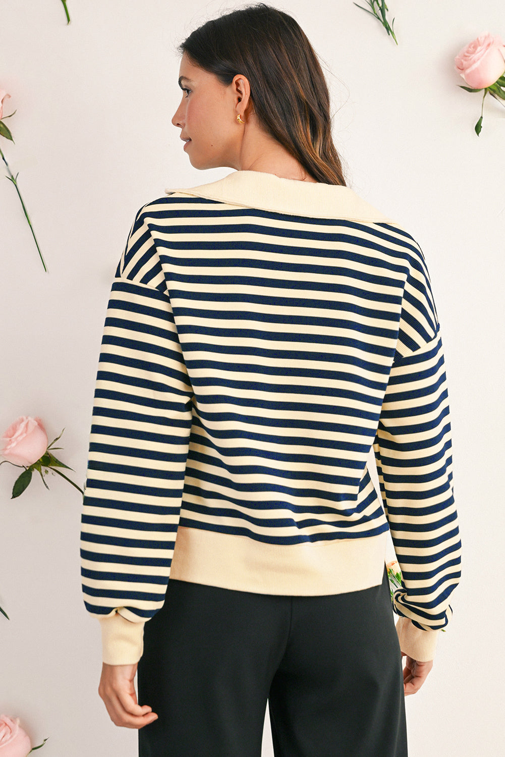Blue Striped Long Sleeve V Neck Top