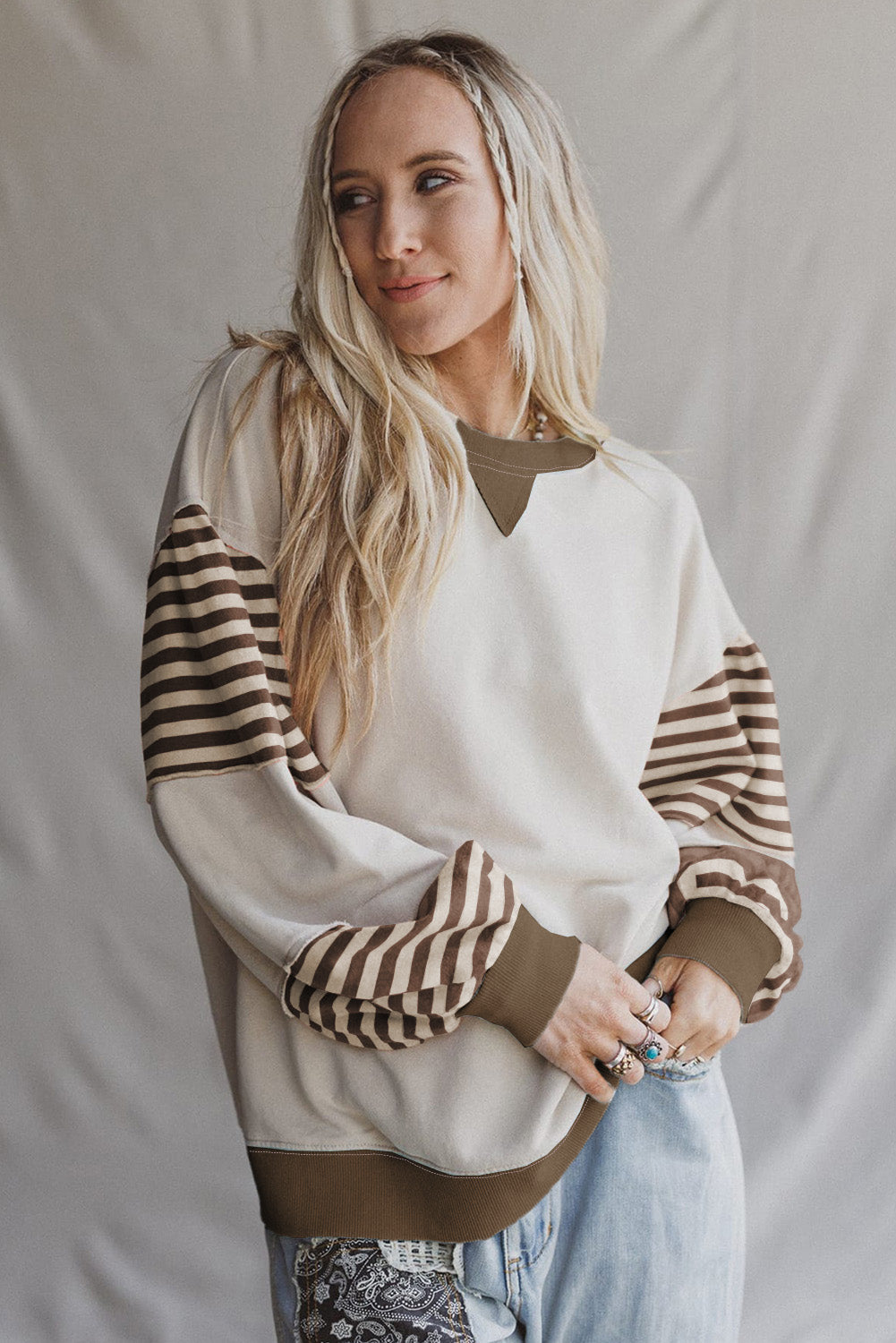 Parchment Colorblock Patchwork Striped Sleeve Sweatshirt