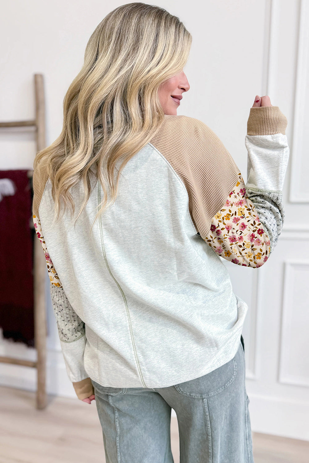Light Grey Mixed Print Raglan Sleeve Patchwork Exposed Seam Pullover Top