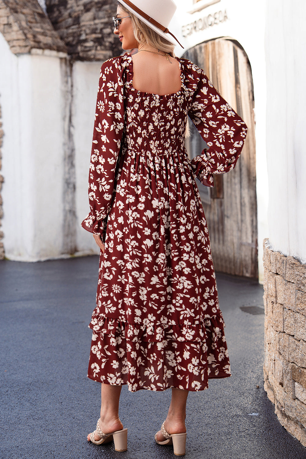 Red Floral Print Long Sleeve Square Neck Smocked Maxi Dress