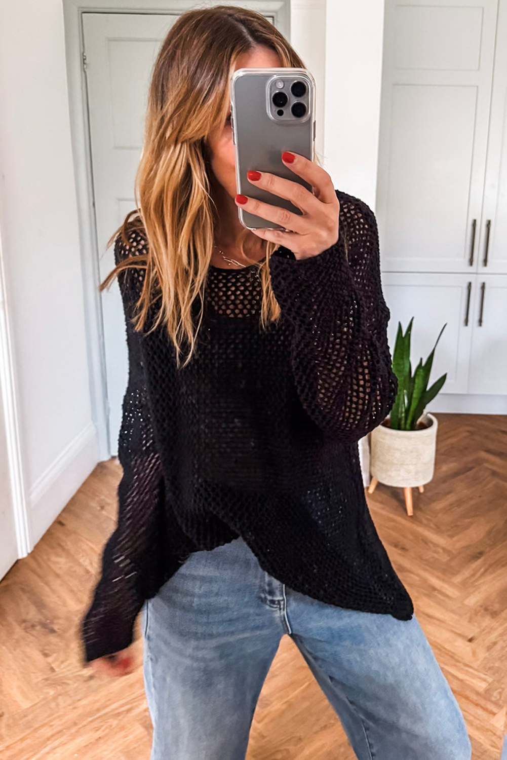 Black Crochet Hollow-out Knit Sweater