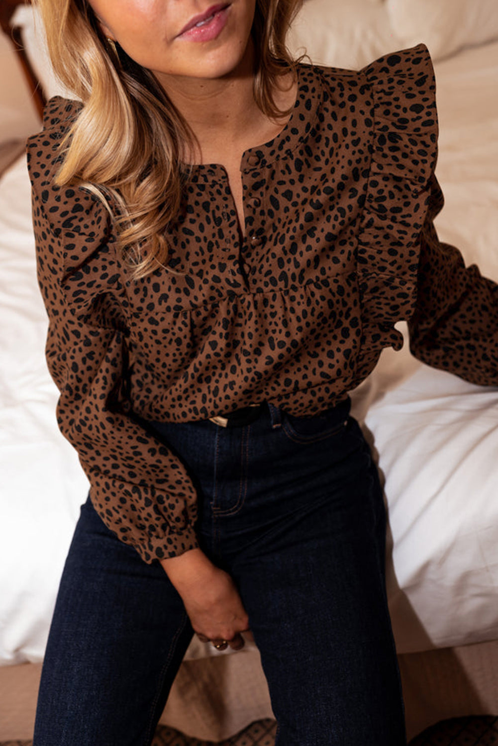Brown Leopard Print Ruffle Puff Sleeve Blouse