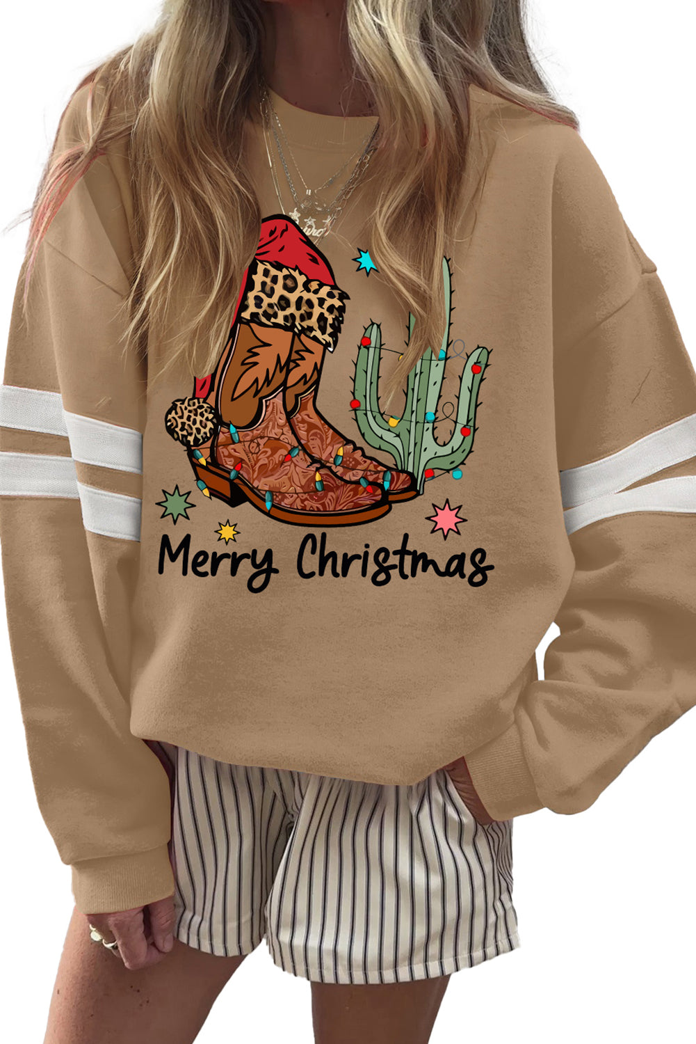 Light French Beige Merry Christmas Boots Heat Transfer Printing Varsity Baggy Sweatshirt