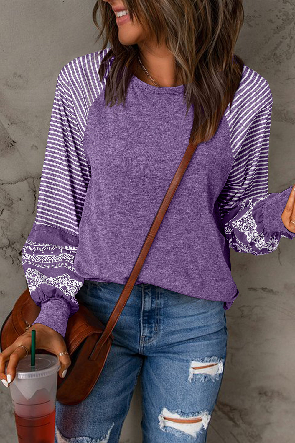 Medium Grey Contrast Print Striped Raglan Long Sleeve Loose Top