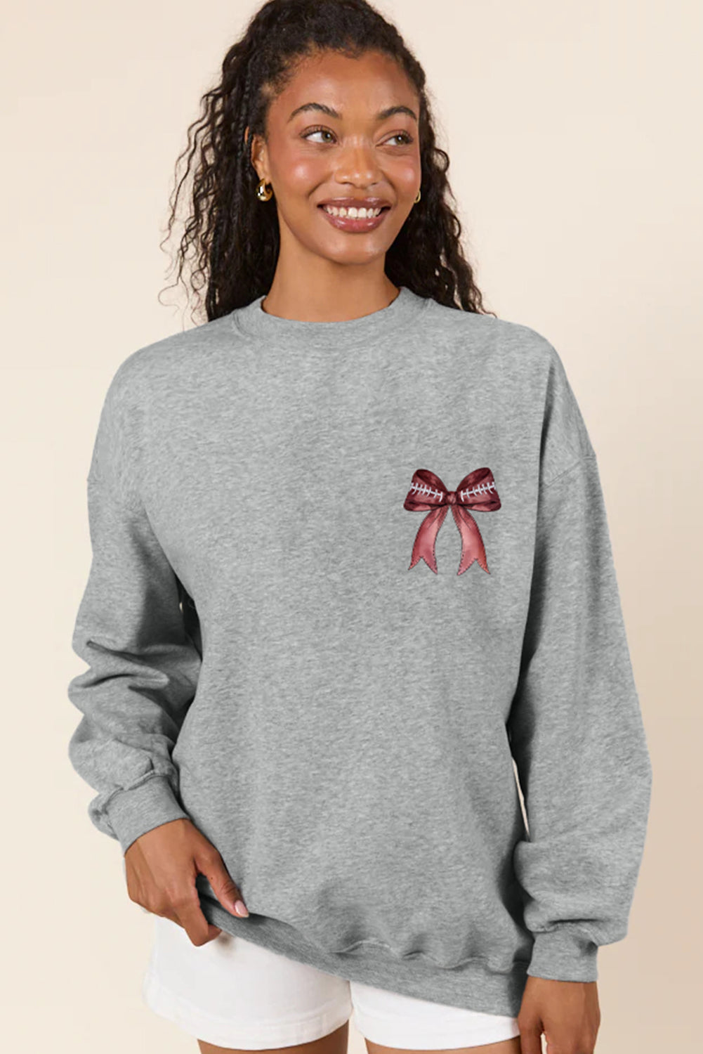 Gray Football Bow Print Drop Shoulder Pullover Sweatshirt
