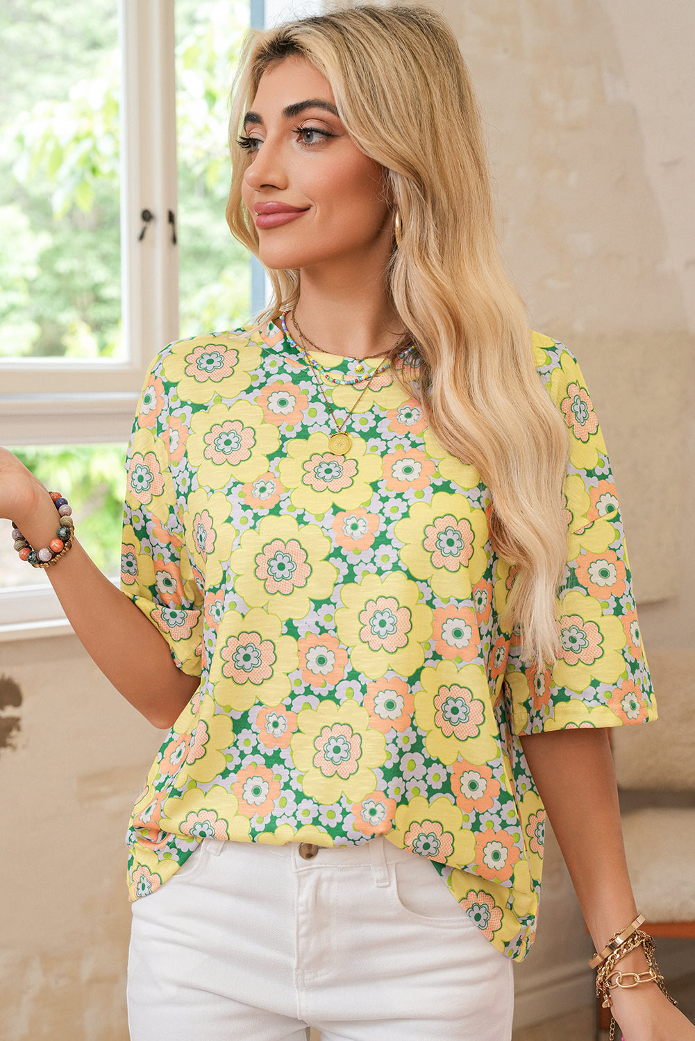 Yellow Summer Flower Print Drop Shoulder Loose T Shirt