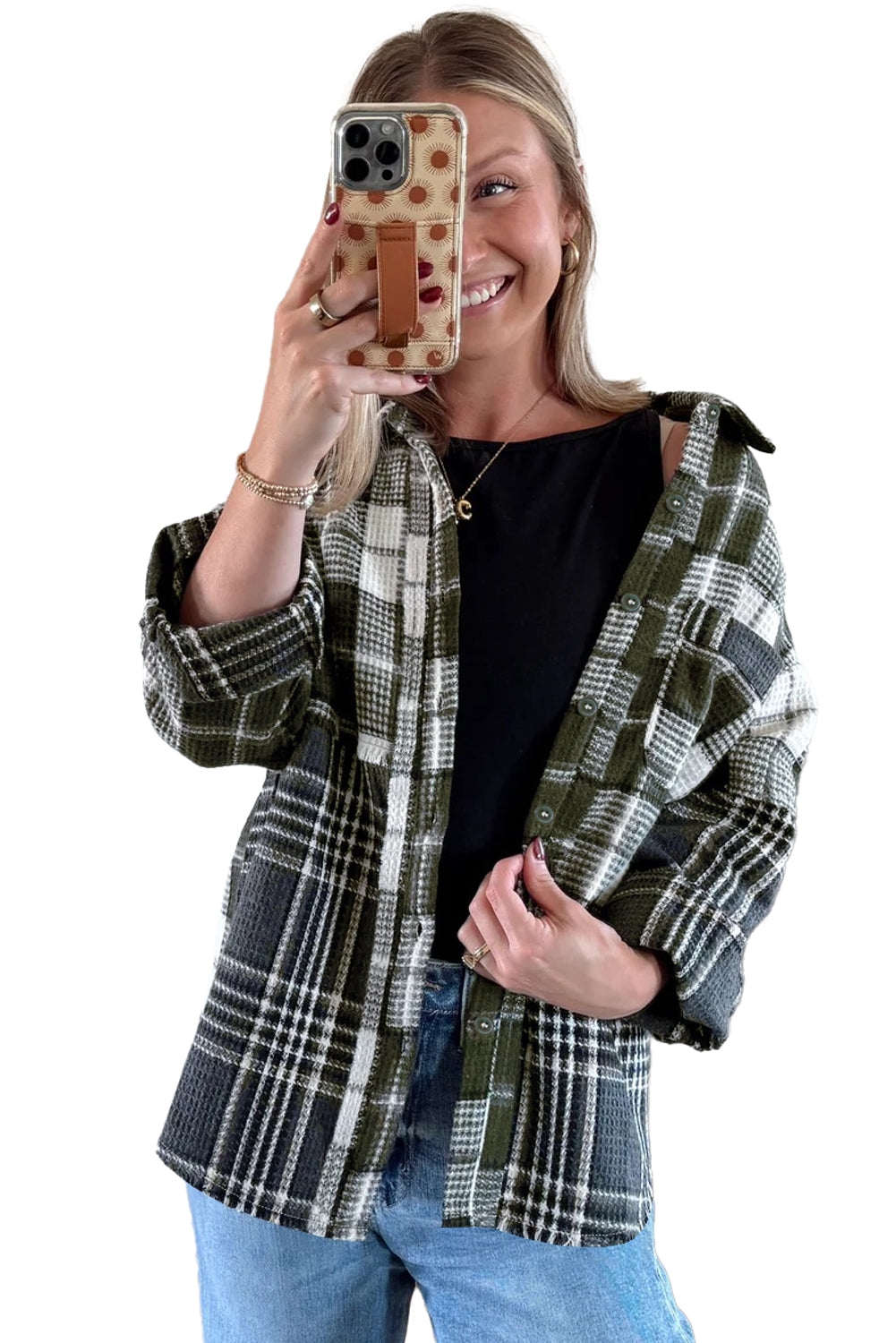 Black Plaid Print Textured Knit Buttoned Shacket