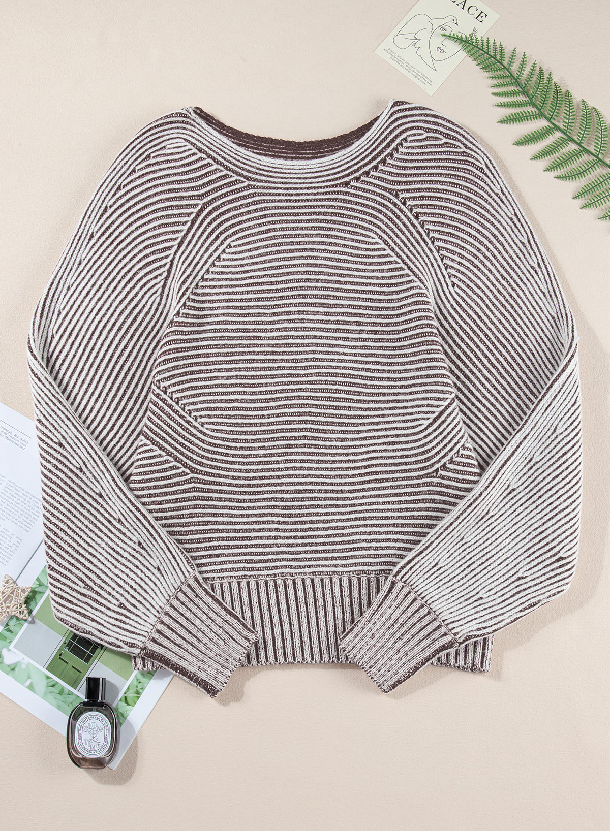 Light French Beige Striped Print Ribbed Knit Raglan Sleeve Baggy Sweater