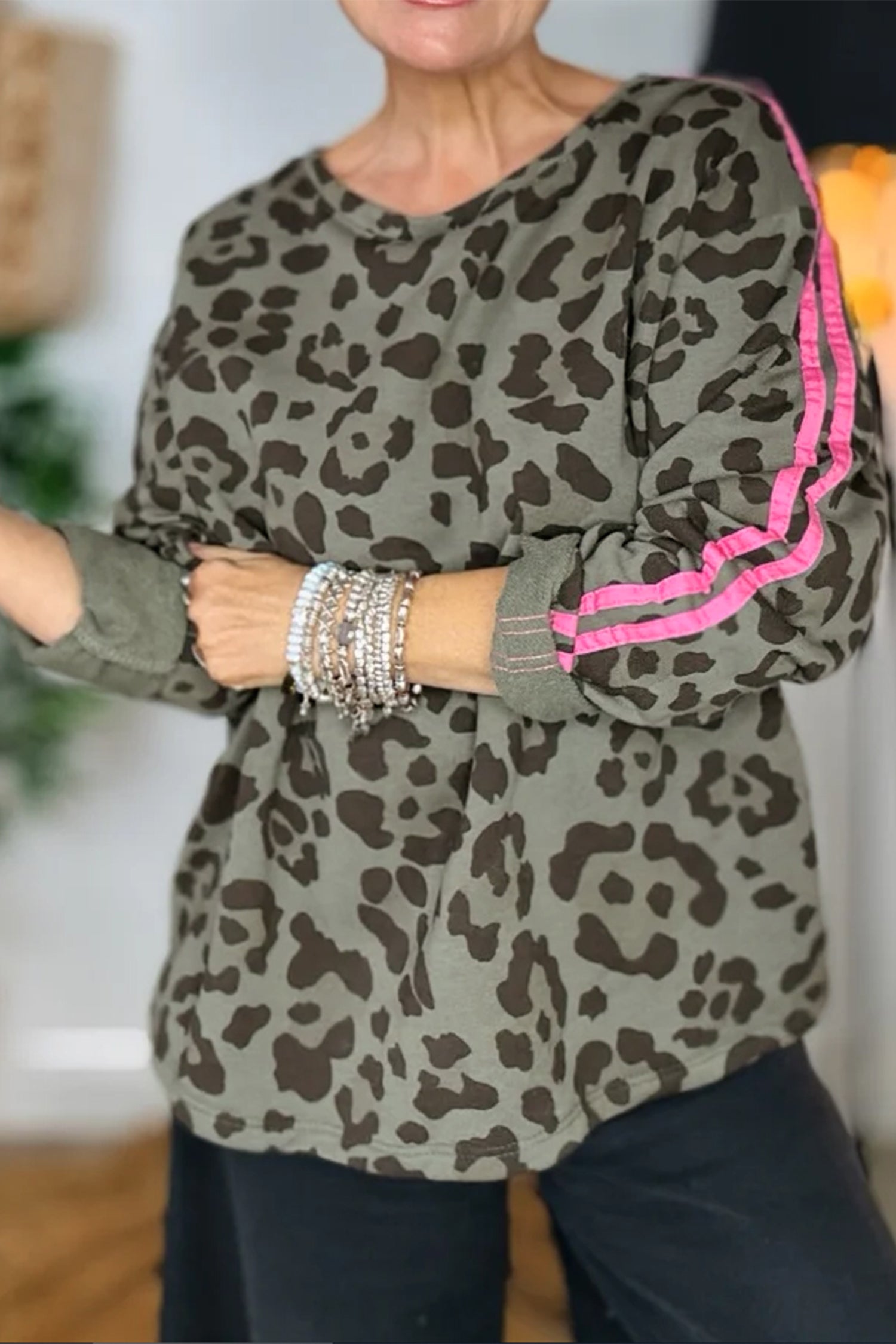 Green Leopard Print Varsity Striped Trim Long Sleeve Top