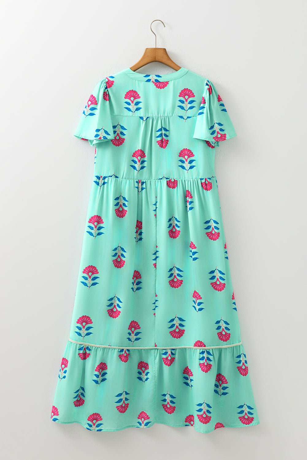 Blue Floral Print Notched Neck Flounce Sleeve Maxi Dress