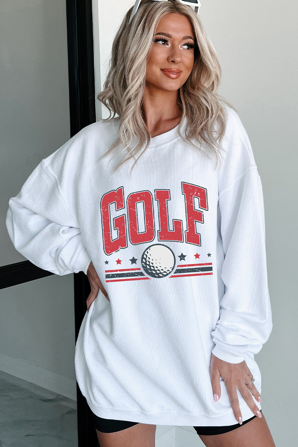 White GOLF Ball Print Ribbed Drop Shoulder Baggy Sweatshirt