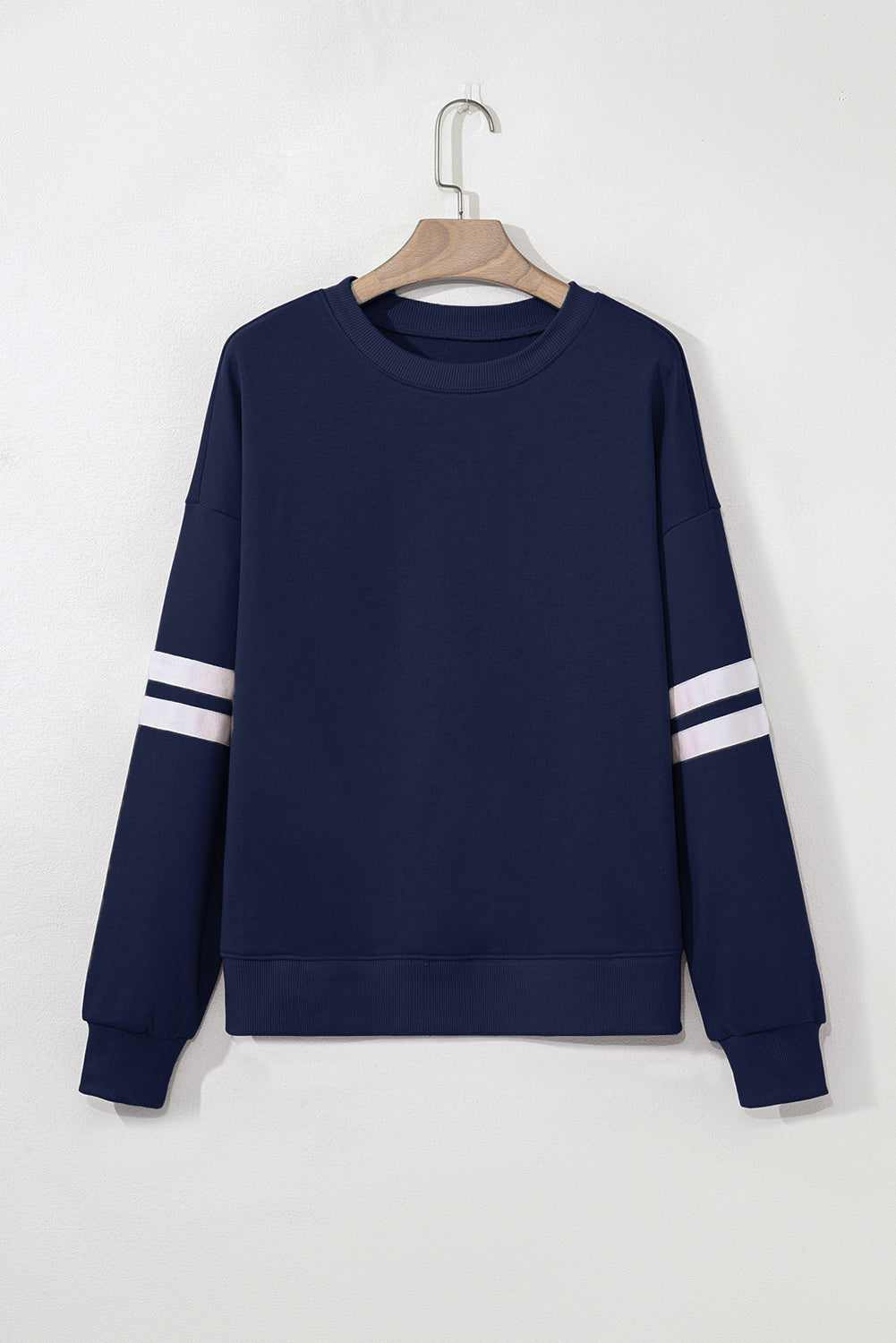 Navy Blue Preppy Striped Sleeve Loose Sweatshirt