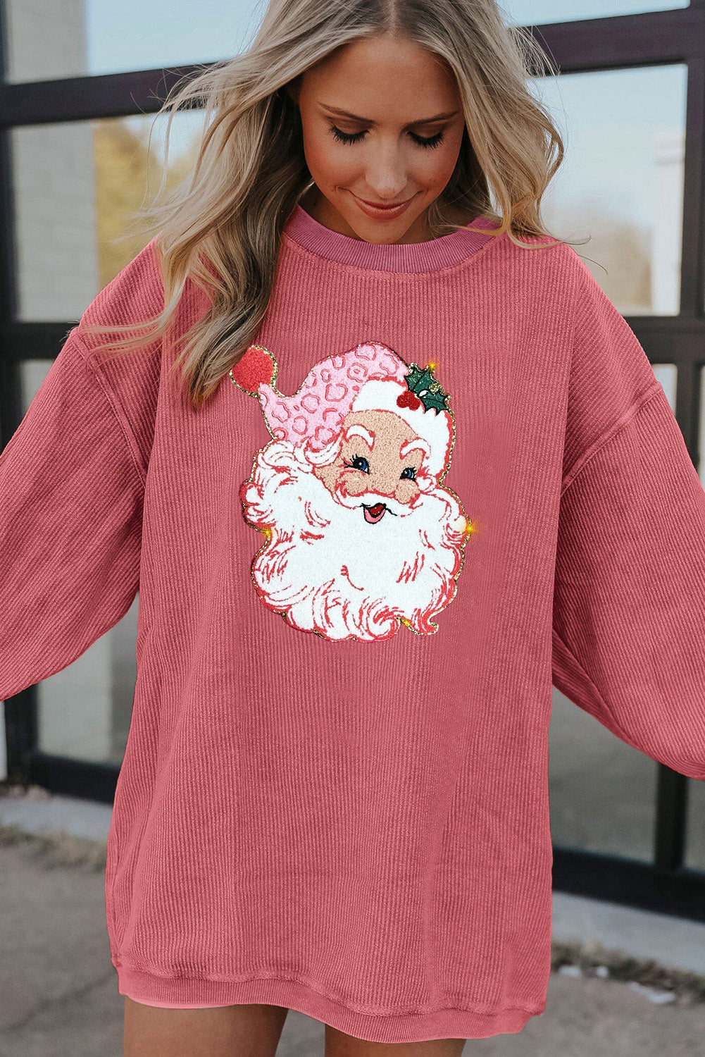 Strawberry Pink Sparkle Santa Claus Patch Application Corded Graphic Sweatshirt
