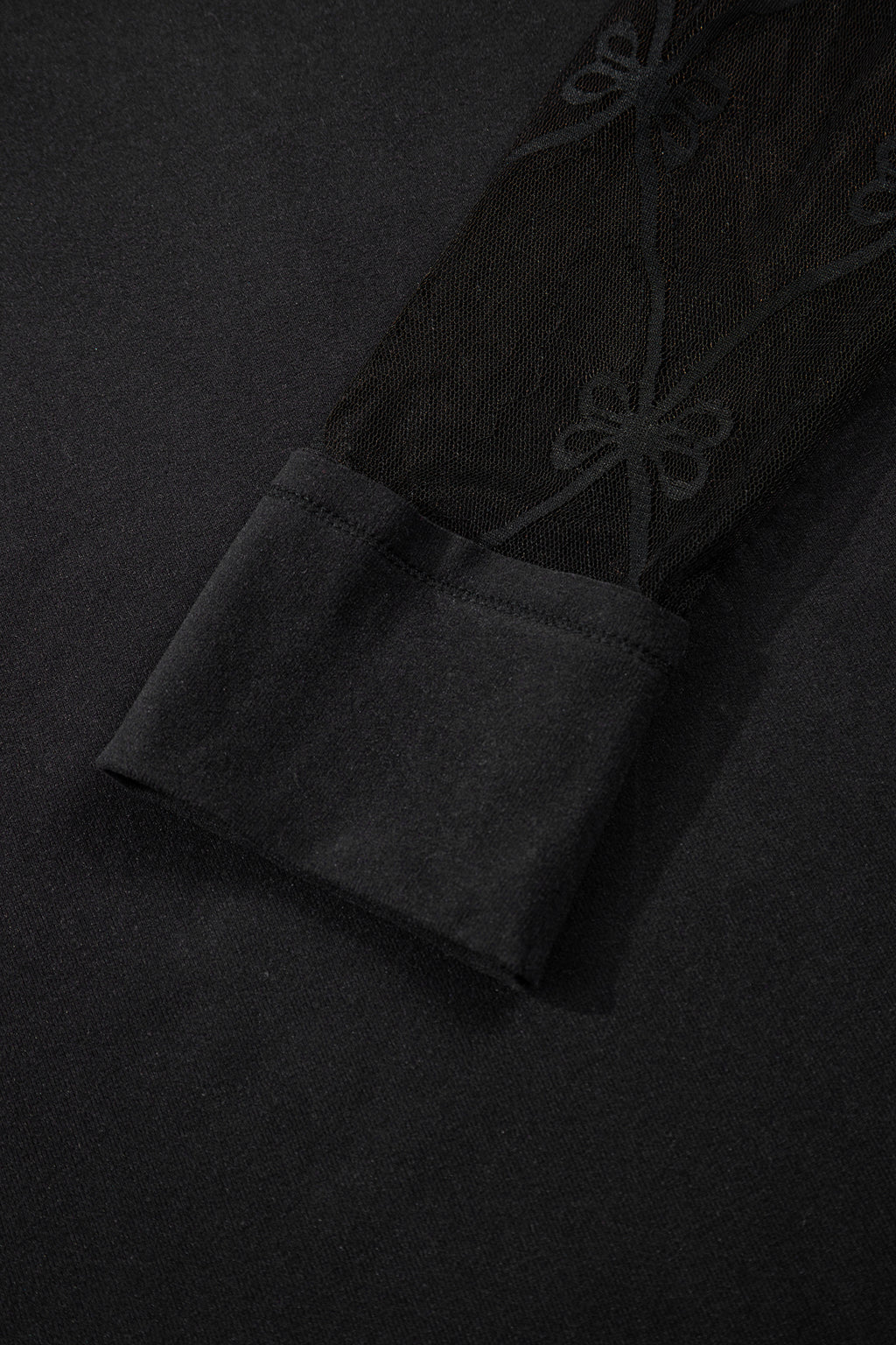 Black Solid Color Bow Textured Patchwork Long Sleeve Tee