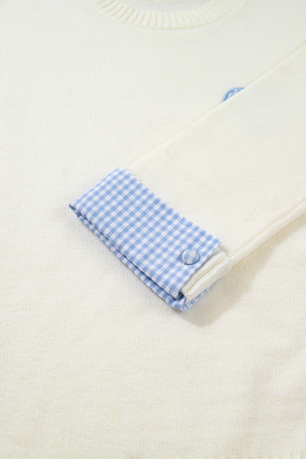 White Plaid Heart Embroidered Cuffed Drop Shoulder Crew Neck Sweater