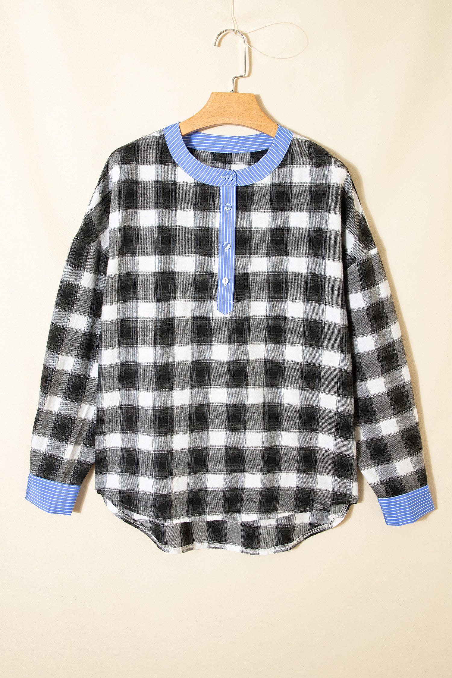Black Contrast Striped Edge Half Placket Plaid Blouse