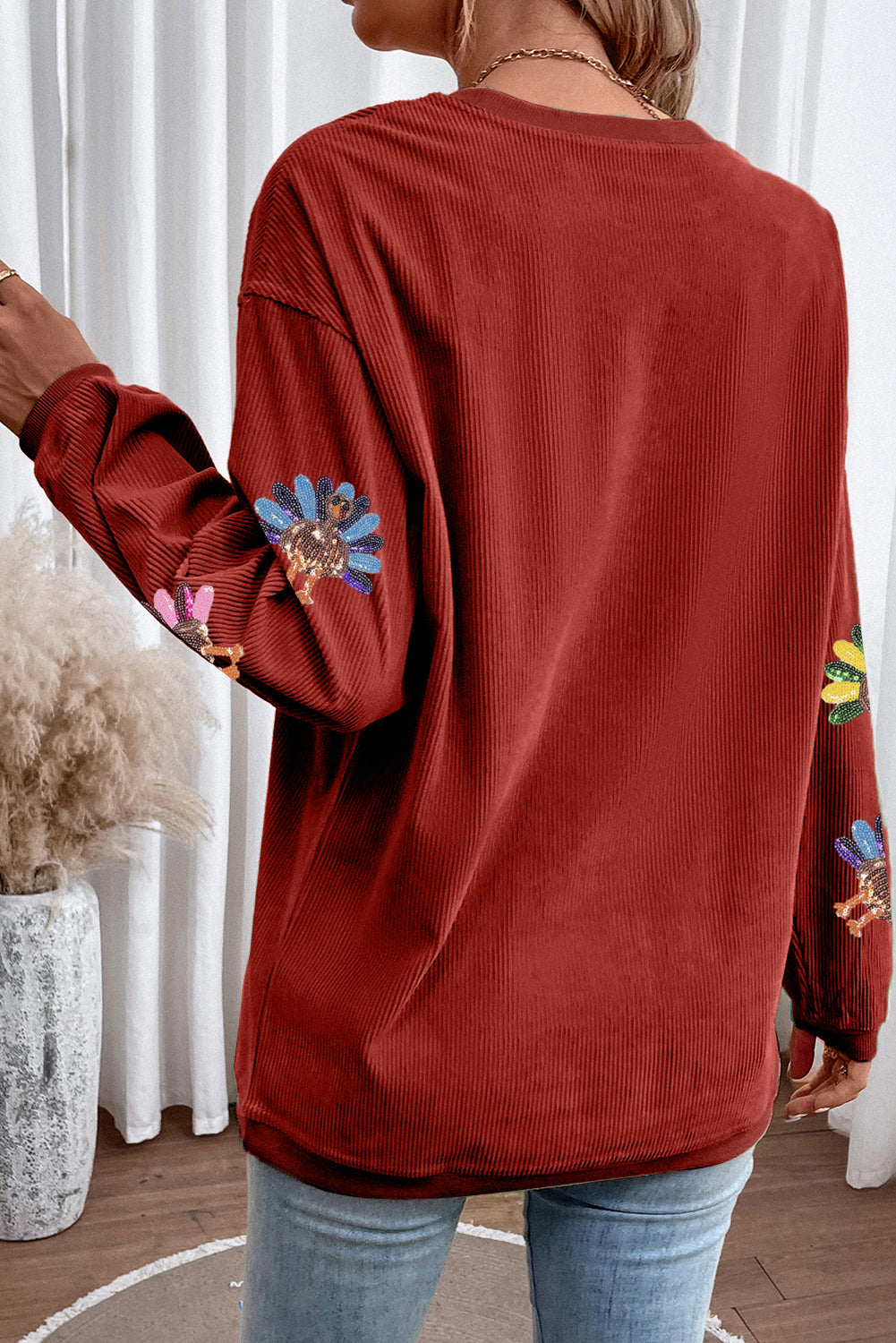 Racing Red Turkey Graphic Sequins Patch Corded Baggy Sweatshirt