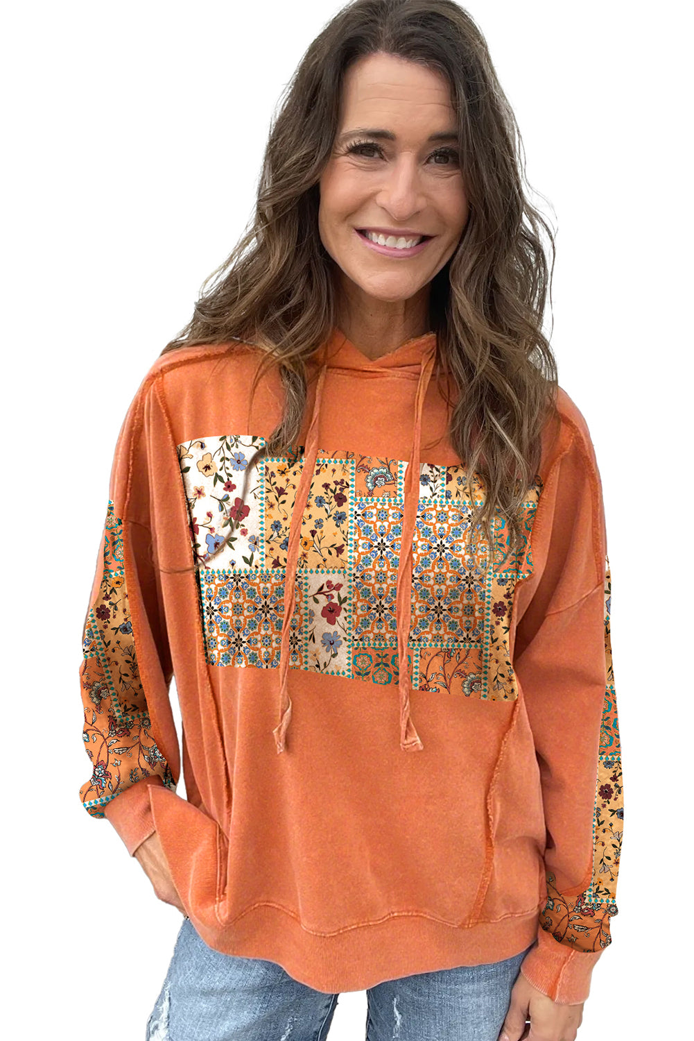 Flamingo Mix Floral Patchwork Side Slit Drawstring Hoodie