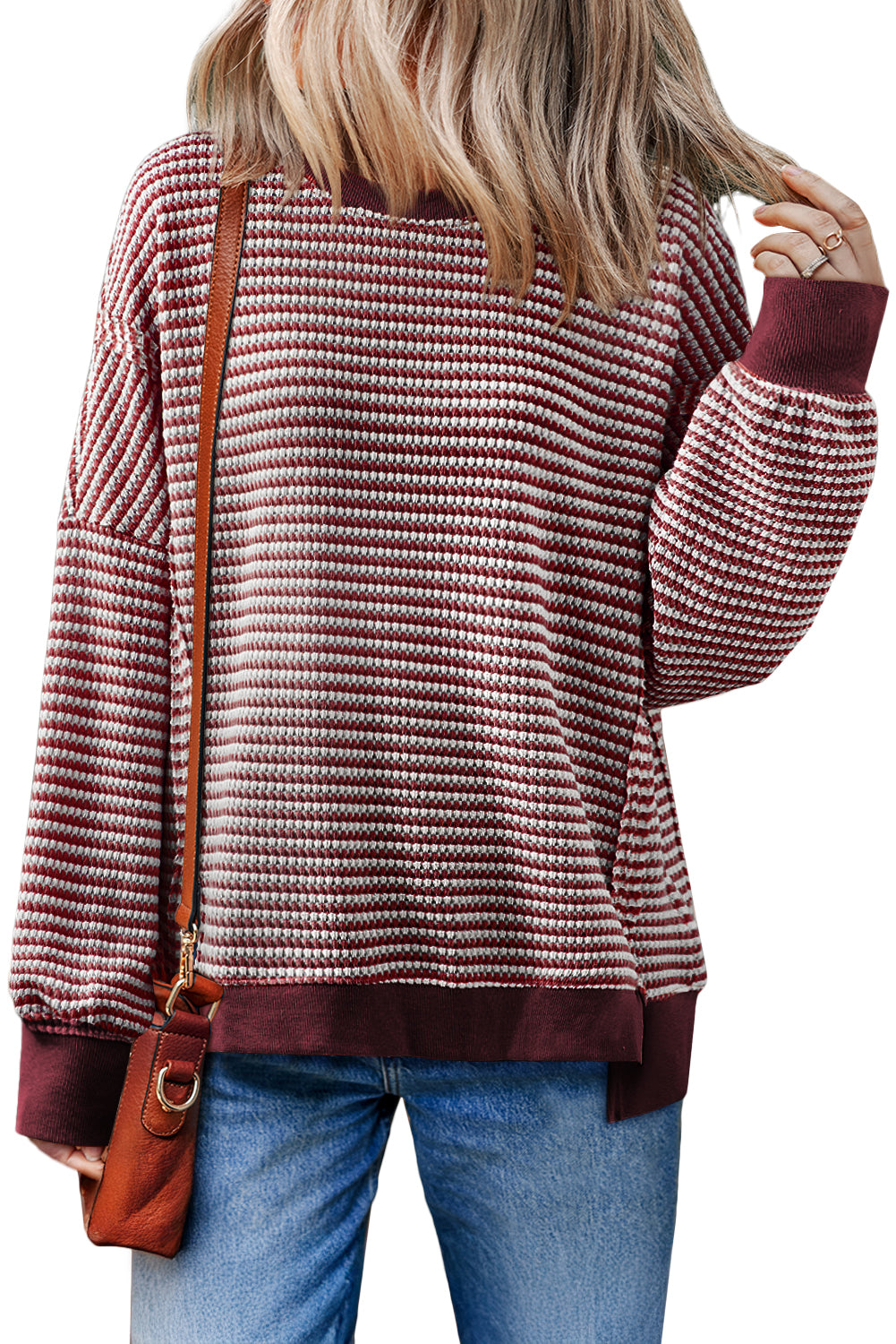 Brown Stripe Ribbed Trim Drop Shoulder Long Sleeve Oversized Top