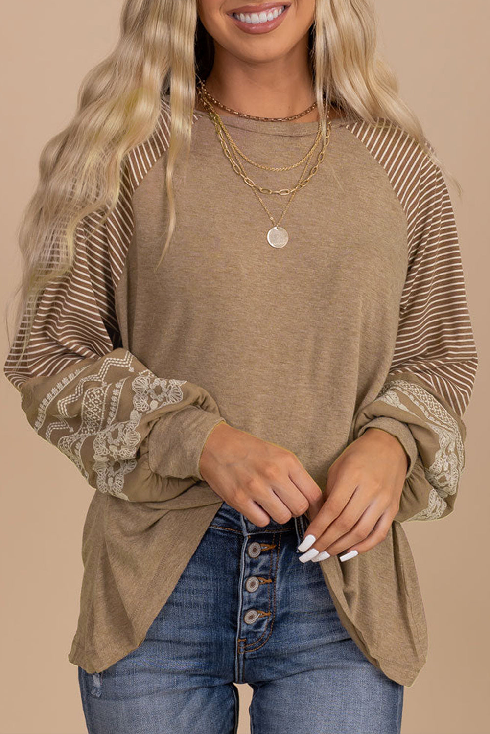 Medium Grey Contrast Print Striped Raglan Long Sleeve Loose Top