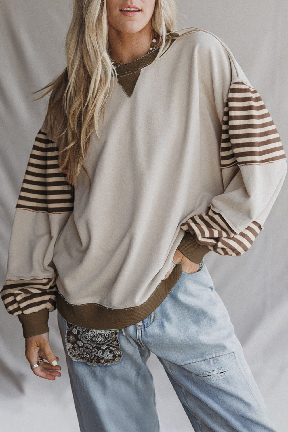 Parchment Colorblock Patchwork Striped Sleeve Sweatshirt
