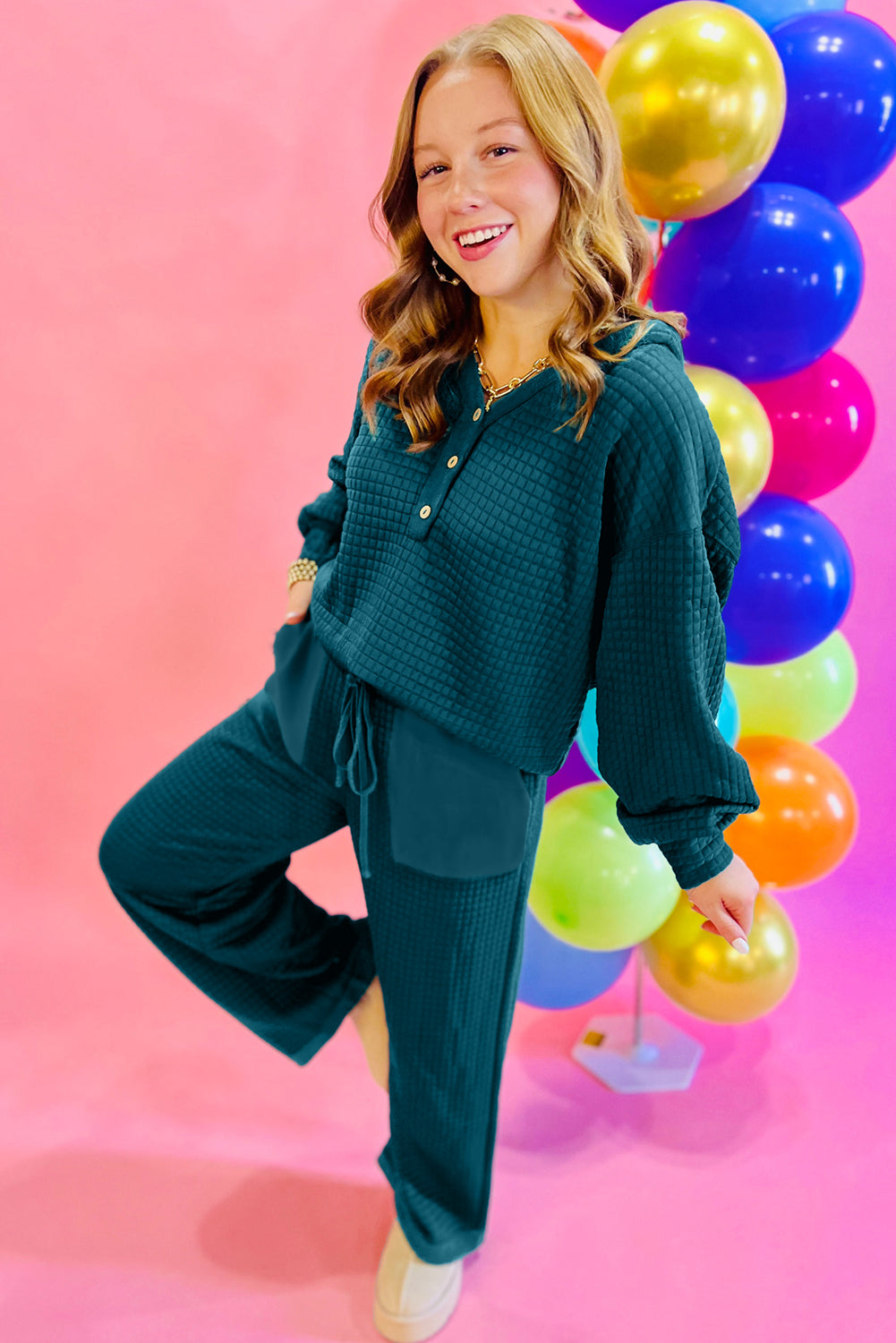 Skobeloff Checkered Texture Hooded Top and Loose Pants Set