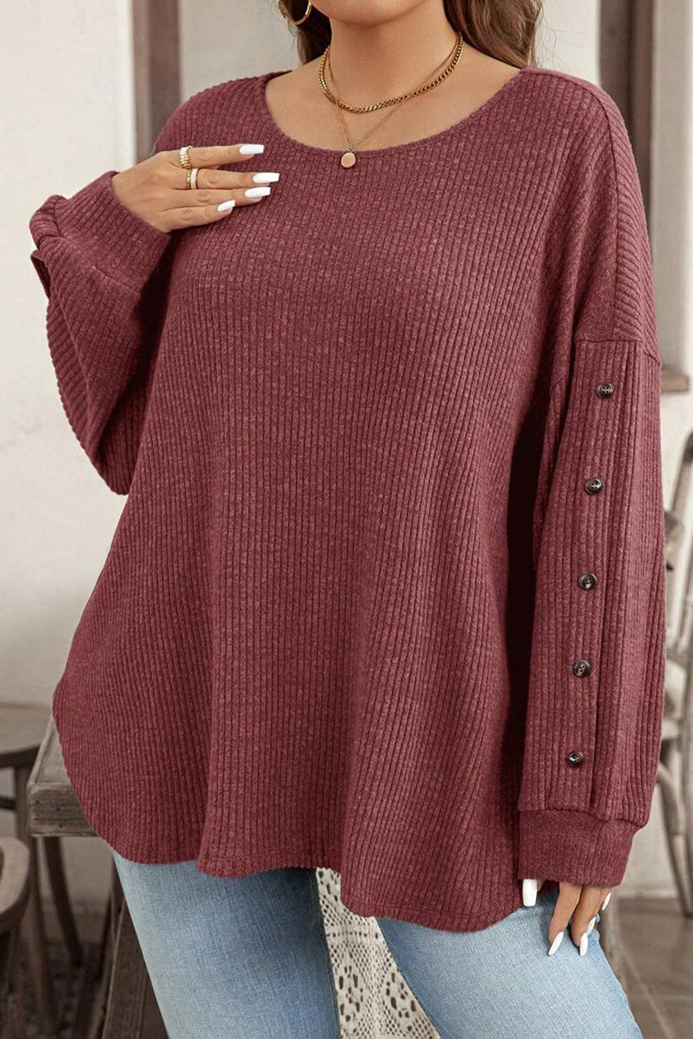 Wild Ginger Plus Size Ribbed Button Decor Long Sleeve Top